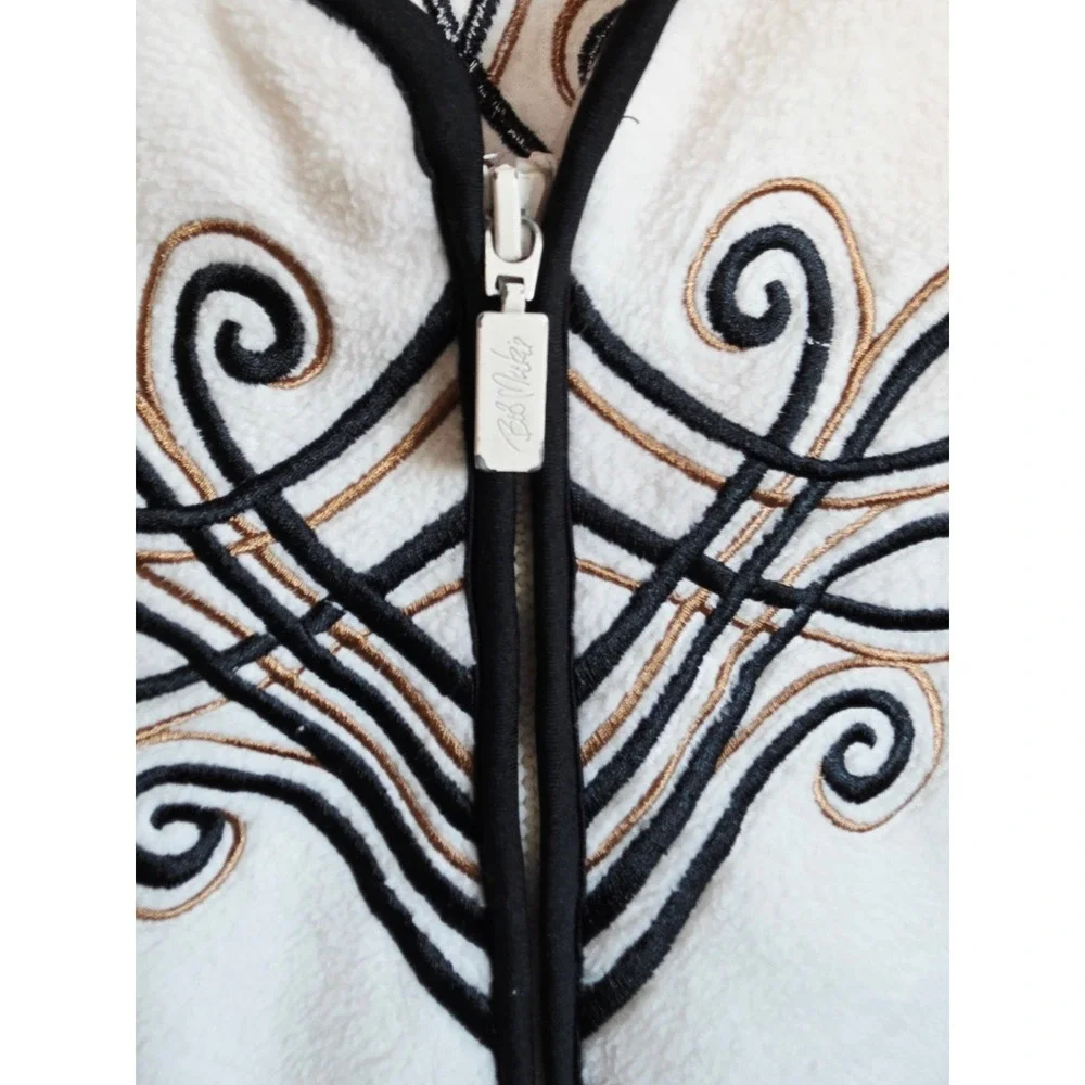 Bob Mackie XL Wearable Art Cream Fleece‎ Zip Up Jacket Embroidered Scrollwork